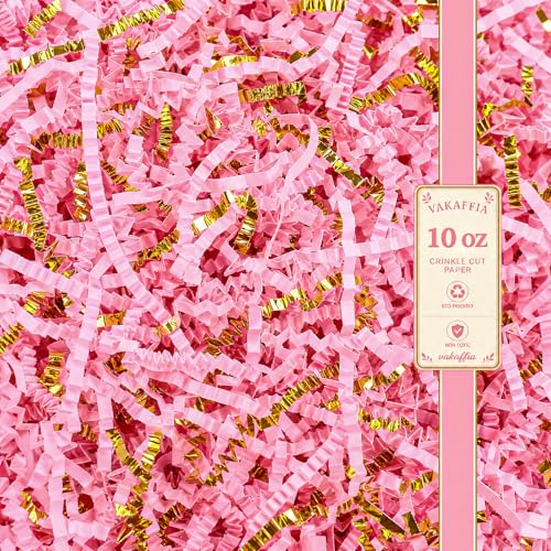 VAKAFFIA 10oz Crinkle Cut Paper Filler Shreds for Gift Baskets, Confetti Shredded Paper Stuffing Grass Basket Stuffers for Bag, Bridesmaid Proposal Box, Packing, Party Favors Craft Decor Pink