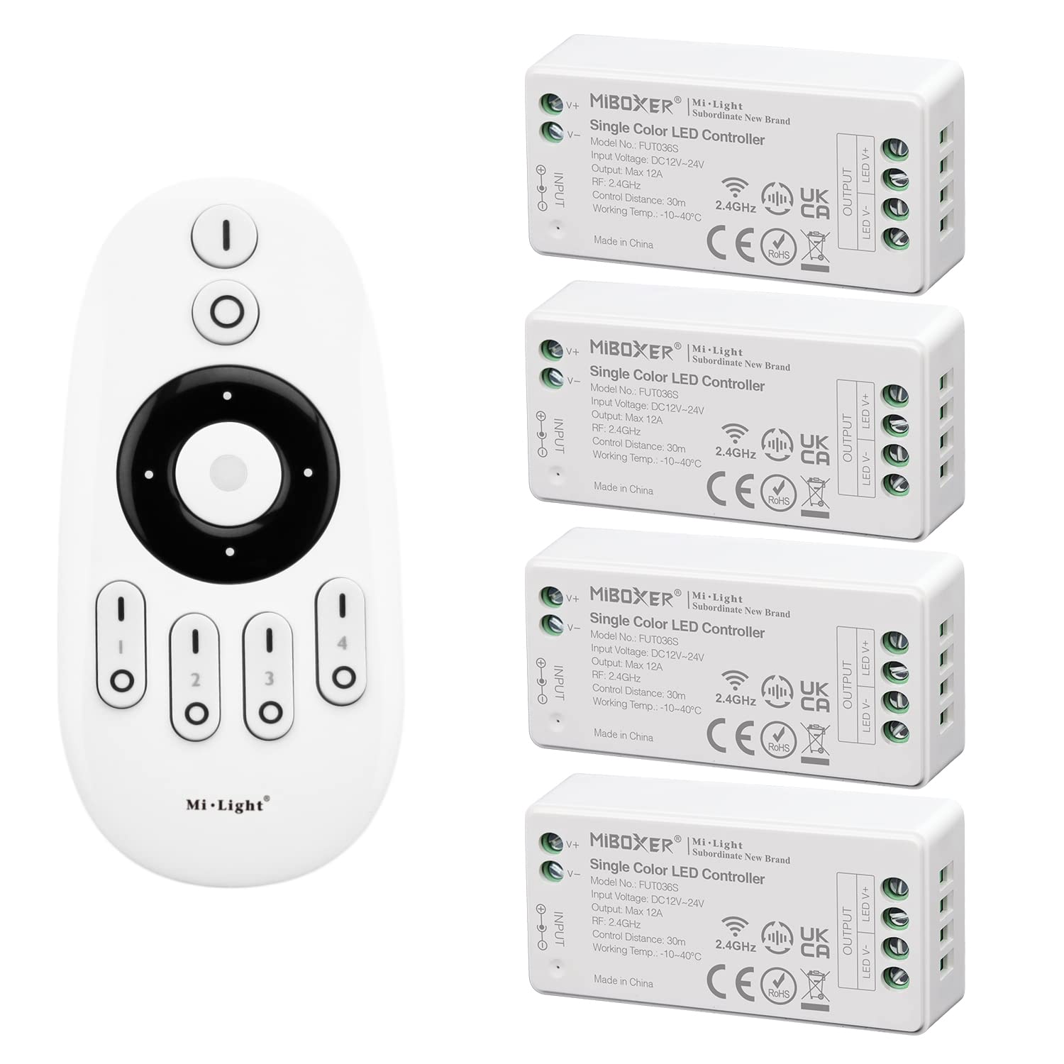 LIGHTEU®, Kit telecomando Miboxer: confezione da 4 controller dimmer monocolore con 1 telecomando RF wireless a 4 zone 4x fut036S + fut007