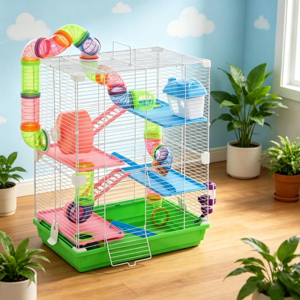 Grüner Hamsterkäfig aus Metall & PP, Mehrstöckiger Nagetierkäfig, Vertikaler Haustierkäfig mit komplettem Spielzubehör für kleine Nager