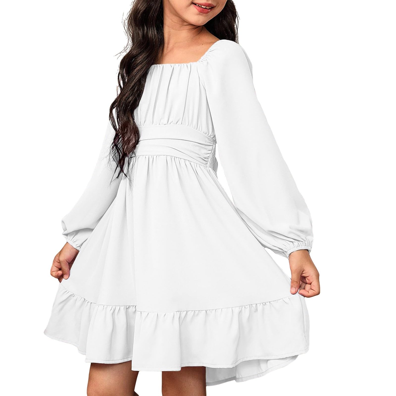Vestido para niñas, cuello cuadrado, manga larga, acampanado, para verano, casual, cintura alta, plisado, con volantes, playa, vacaciones, boda