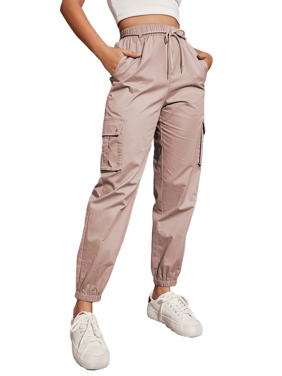 Womens Tapered Elastic Pants High Waist Slim Skinny Fit Casual Pencil Trousers with Pockets