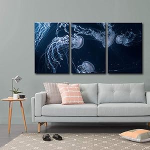 wall26 - 3 Piece Canvas Wall Art - Jellyfishes in Deep Ocean - Modern Home Art Stretched and Framed Ready to Hang - 16