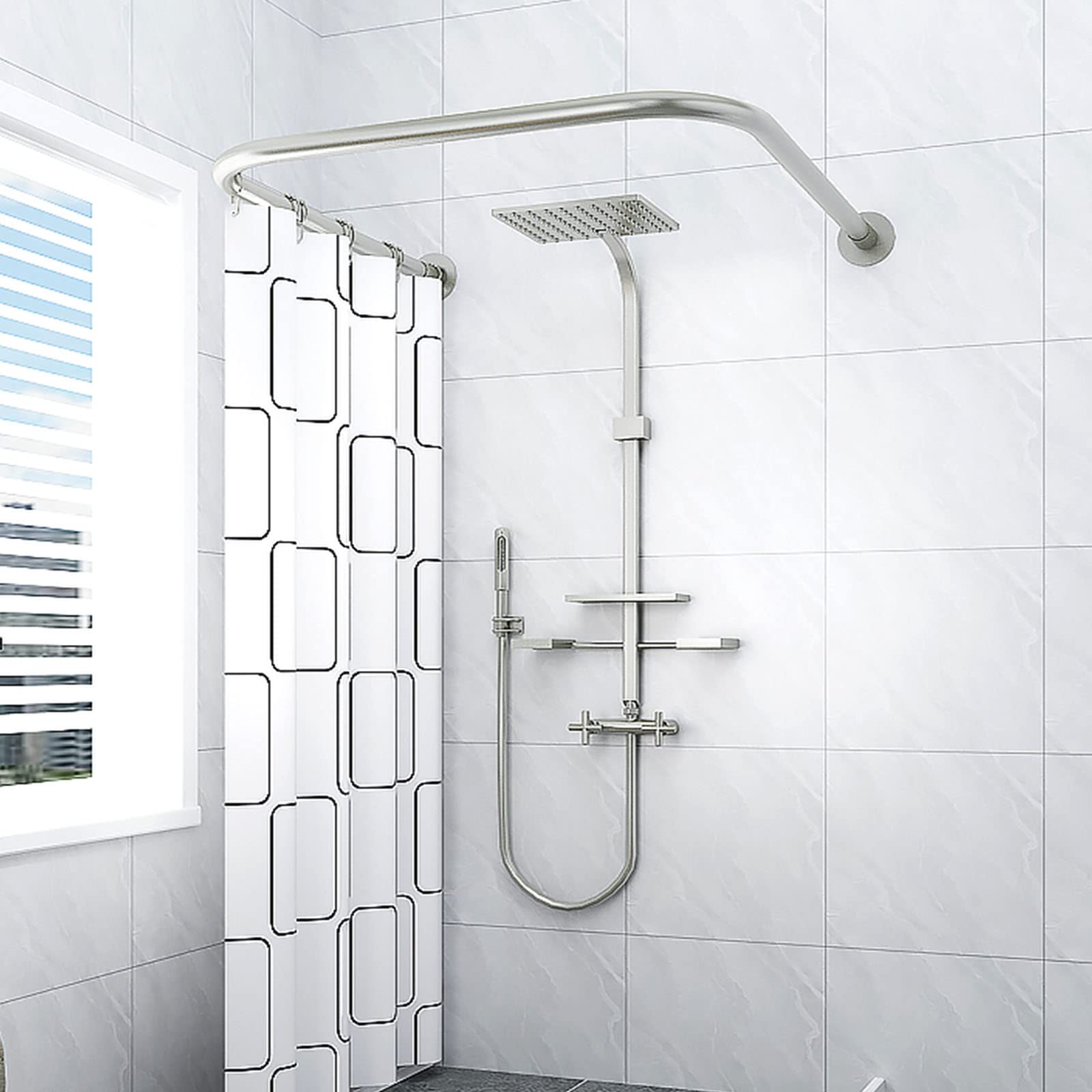 Barra de ducha ajustable en U Sd sin taladro de acero inoxidable 304 barra de esquina negra ideal para baño, cocina, sala de estar, 90 x 90 x 90 cm, diseño de ahorro de espacio