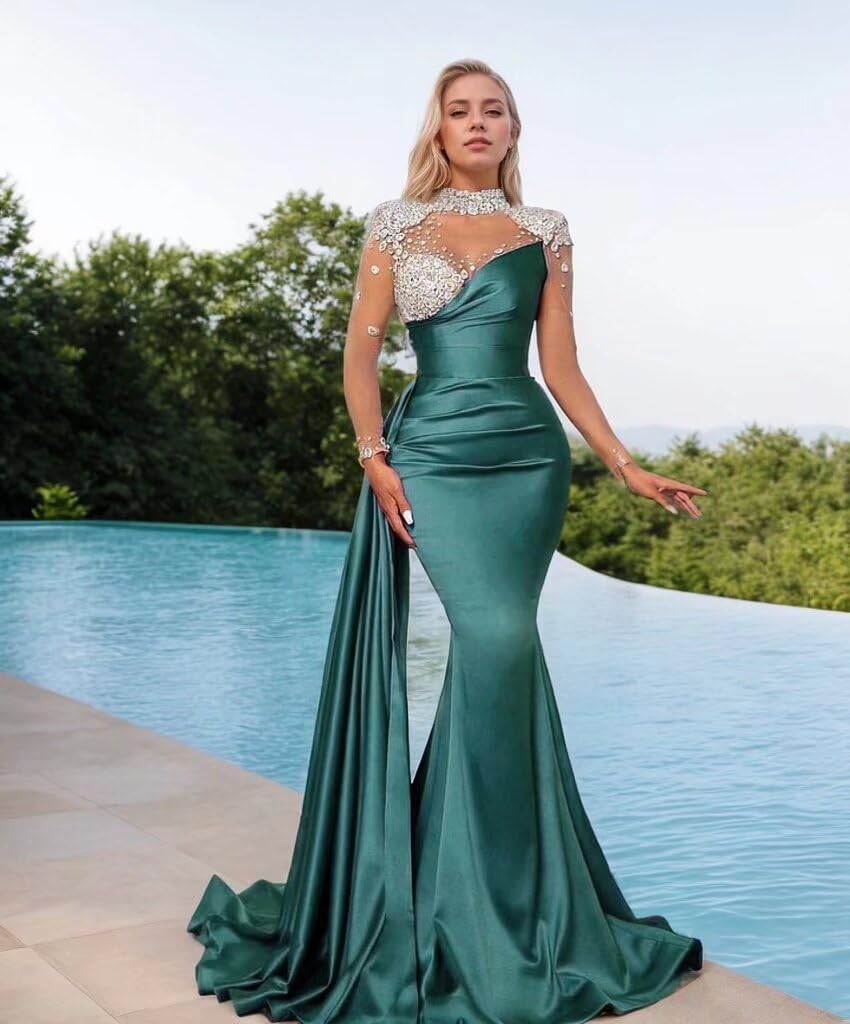 High Neck Mermaid Prom Dresses Long Sleeves Sweetheart Tulle Beaded Satin Pleated Tight Formal Dresses Evening Party Gowns - Image 2