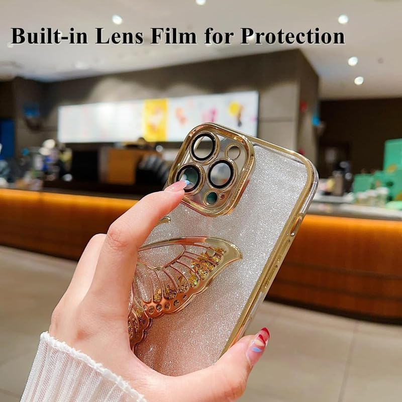 Image of MIDOS Thermoplastic Polyurethane Designed Compatible With iPhone 14 Pro Max Case With Glitter Cute Butterfly Plating Design Aesthetic Women Girls Cover For iPhone 14 Pro Max (Gold)
