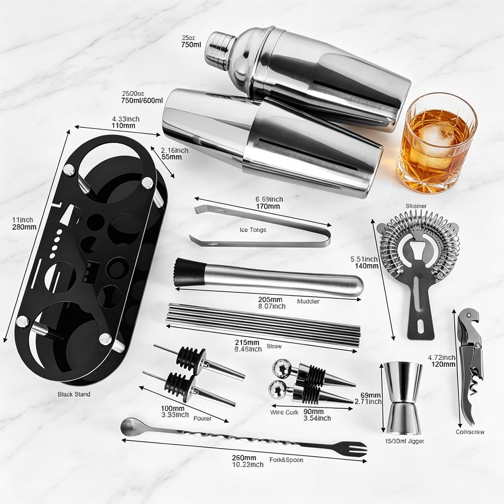 Juego de 17 coctelera de 750 ml y 750/600 ml, herramientas de bar con libro de recetas y soporte negro