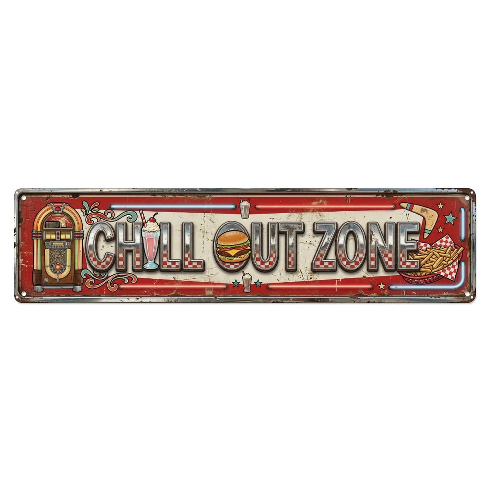 Chill Out Zone Aged Diner Metal Tin Skinny Sign Plaque Wall Decor for Cafe, Club Bar, Office, Home Garden Metal Poster 4x16Inch