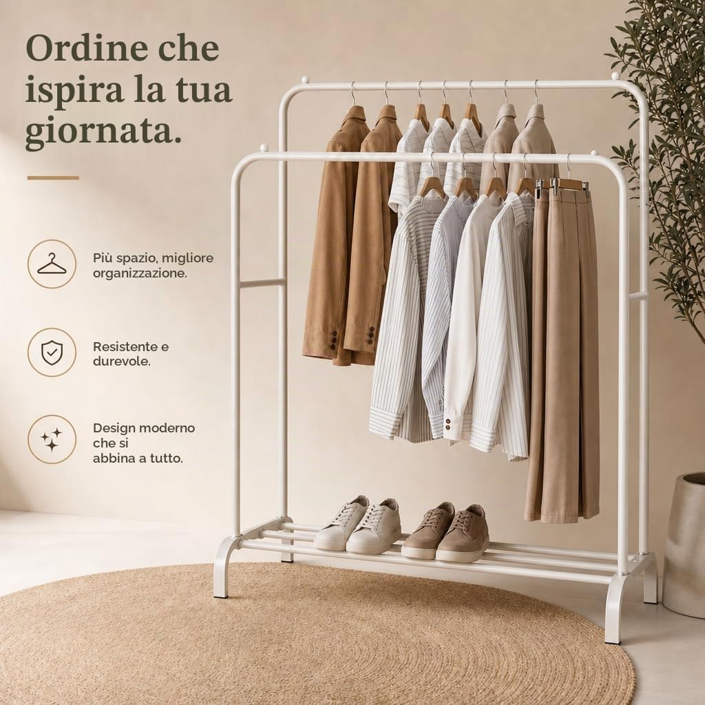 edihome, Stand Appendiabiti, Doppio, 110 x 150 x 54 cm, Vestitore, Appendiabiti da Terra, Resistente, Metallico, con Supporto per Scarpe (Bianco Doppio)