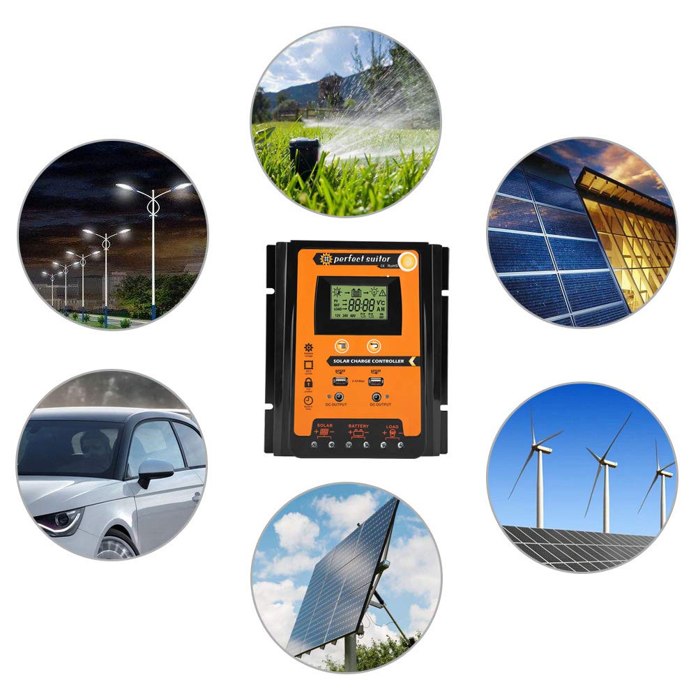 Contrôleur de Charge Solaire MPPT Régulateur Panneau de Charge Solaire avec Ecran LCD avec Double USB Panneau Solaire Batterie 12V / 24V Affichage LCD (50A)