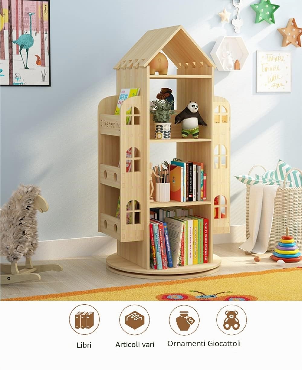 Heehee Libreria rotante a 360 ° Display da pavimento Libreria Scaffale per bambini, Scaffale per libri in legno Supporto organizer per bambini, Espositore per libri
