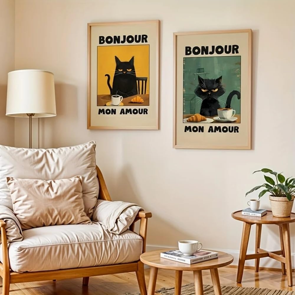 Hurcp Black Set Of 2 Bonjour Mon Amour Funny Cat Coffee Canvas Print Poster Retro Cute Animal Abstract Art Style Home Decor Poster Gifts,40X60 Cm (15.8X23.6 In)