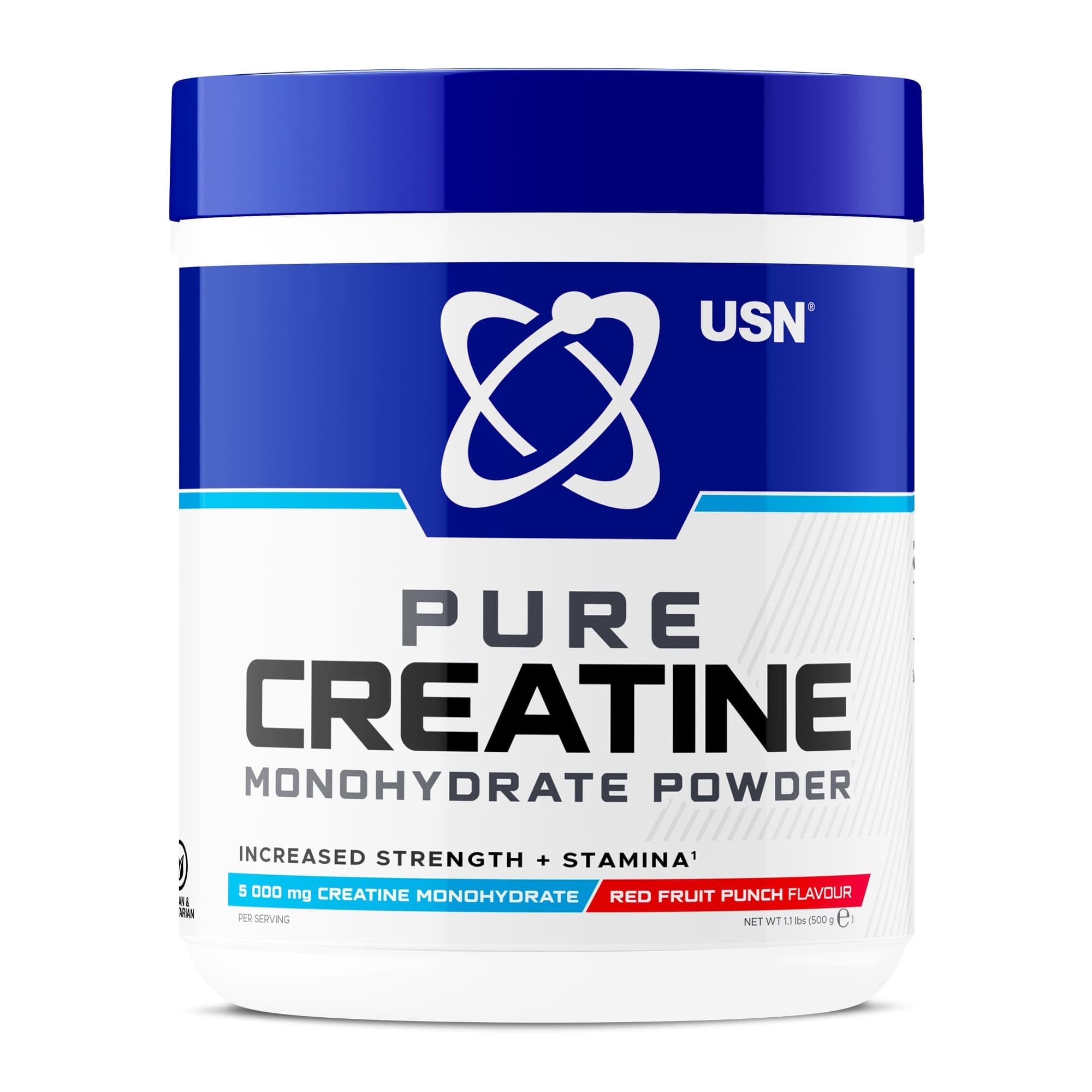 USNMicronised Creatine Powder 500g (79 Servings): Red Fruit Punch Flavour, 100% Pure Creatine Monohydrate Powder for Performance and Muscle Recovery, Suitable for Vegans
