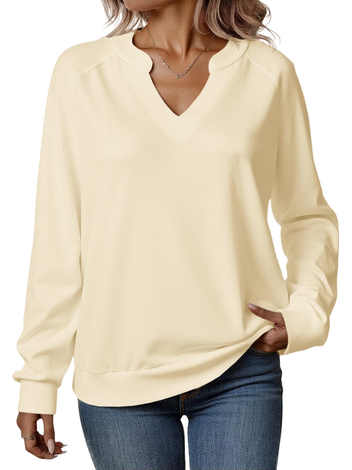 Tankaneo Sweatshirt Damen V Ausschnitt Pullover Leicht Elegant Langarmshirts Casual Baumwoll Oberteil Sexy Locker Pulli Basic Top Einfarbig