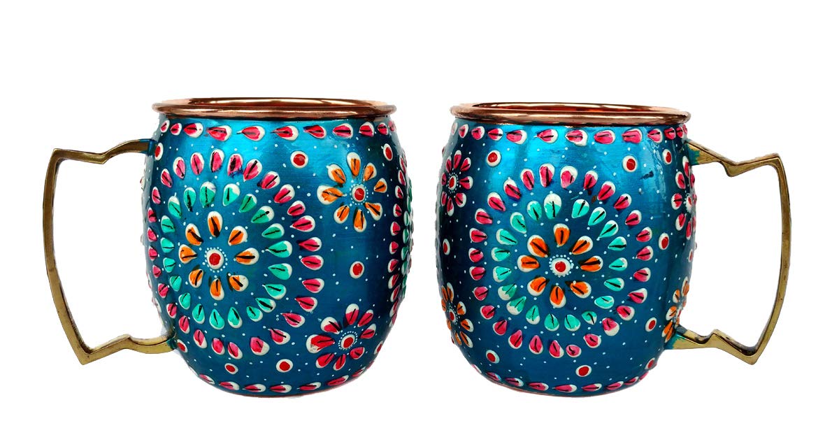 Handmade Pure Copper Outer Hand Painted Art Work Wine, Vodka, Beer,Cocktail,Juice, Cold Coffee Mug - Cup 16 oz (2)