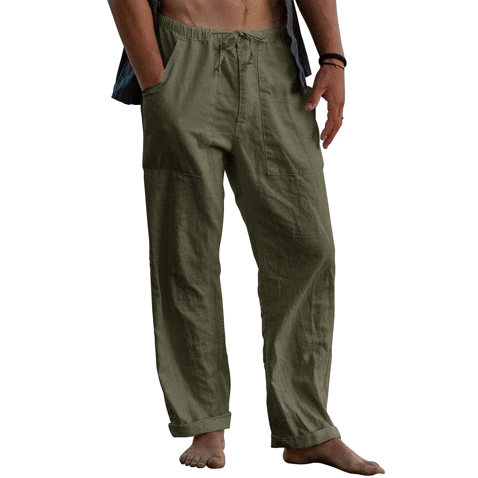 Puimentiua Leinenhose Herren,Lang Leichte Sommerhose,Loose Fit Sommer Leinen Hose,Baumwollehosen mit Tunnelzug und Reißverschluss (S-3XL)