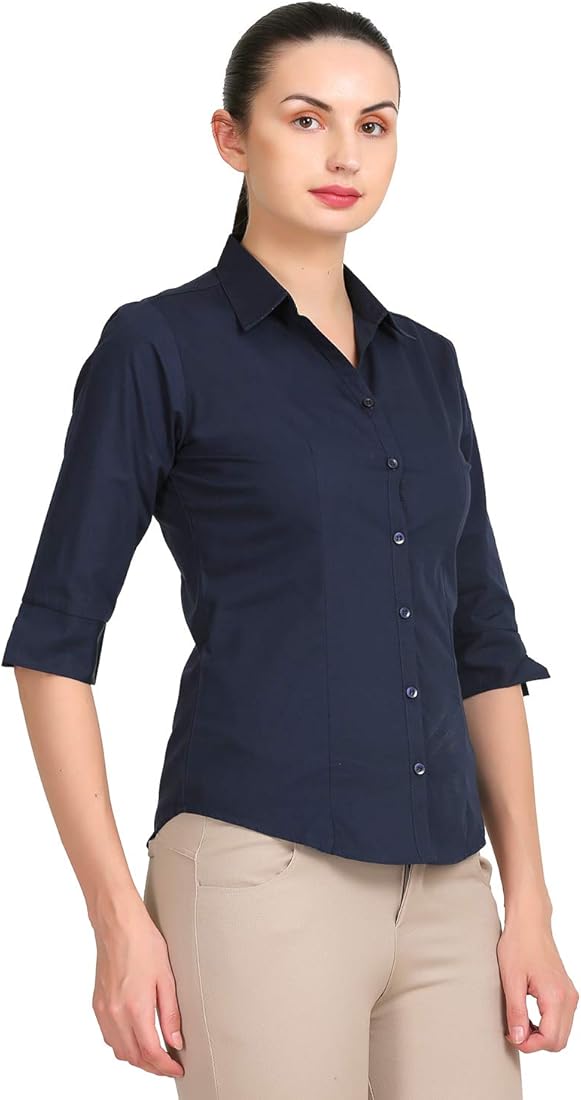 トップス us Buy ZX3 Women Regular Fit 3/4 Sleeves Formal Shirt (Navy Blue_S