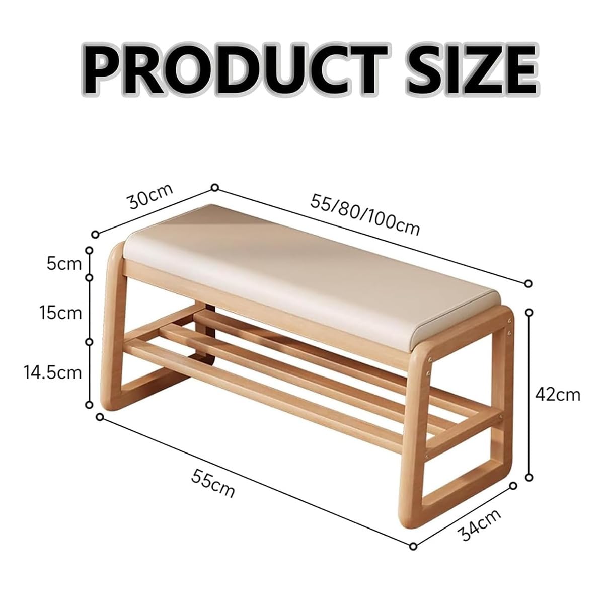 Moderno zapatero de 2 niveles con cojín, elegante zapatero de madera de 80 cm, diseño simple y contemporáneo para almacenamiento y decoración en el pasillo