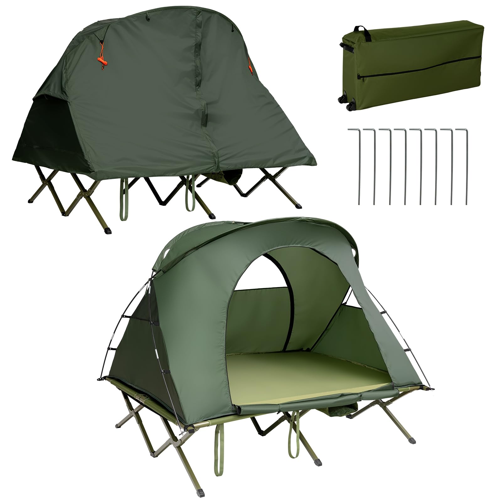 HOMASIS 4 in 1 Campingzelt für 2 Personen, erhöhtes Doppelzelt mit Feldbett, Kuppelzelt mit aufblasbarer Matratze, wasserdichtes Zelt mit Regendecke & Tragetasche, 194 x 146 x 160 cm