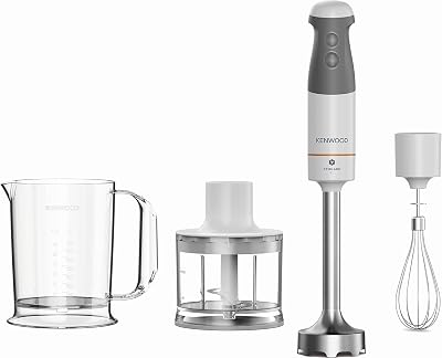 Kenwood Frullatore ad Immersione HBM40.302WH, Sistema TriBlade con 3 Lame, 1 Velocità+Turbo, Asta in Metallo Lunga 20 cm, Inclusi Frusta a Filo, Bicchiere Graduato, Tritatutto da 0.5 L, 850W, Bianco