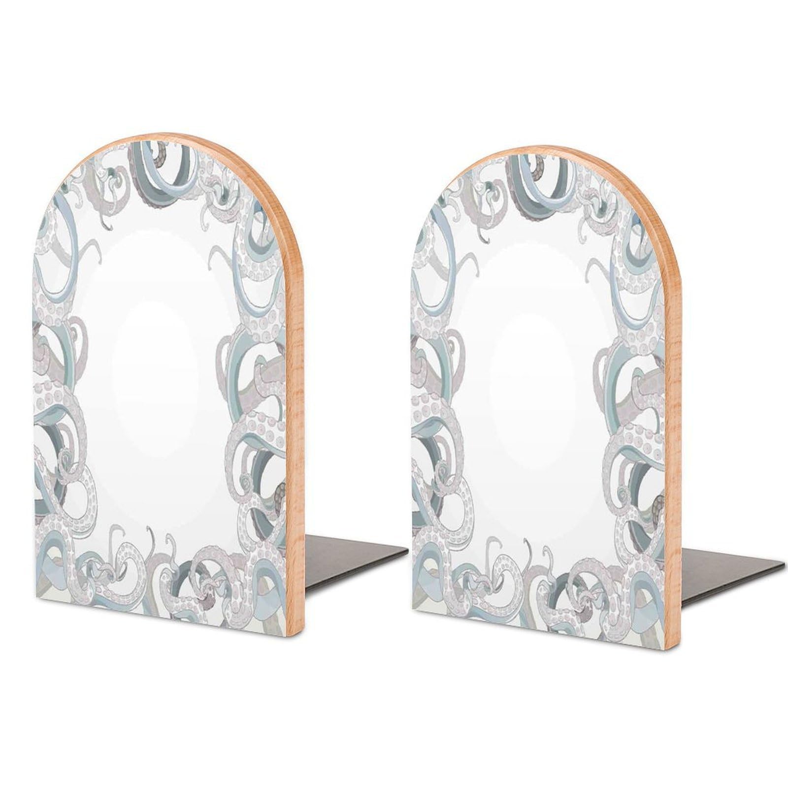 Octopus Tentacles Aquatic Under The Sea Beech Wood Bookends Heavy Duty Book Organizers Desktop File Holder for Office Home Bookshelf