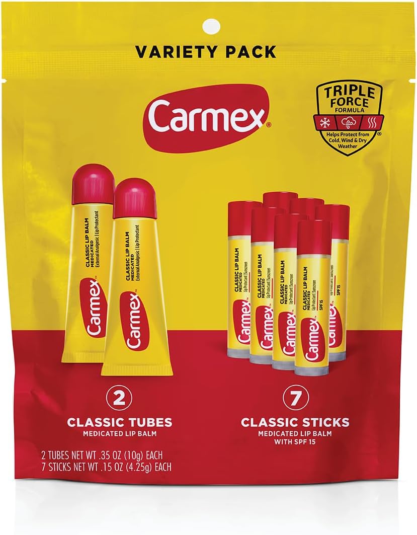 Carmex Classic Medicated Lip Balm Pack, Lip Moisturizer for Chapped Lips, 9-Count Variety Pack Bag (2 Tubes, 7 Sticks)