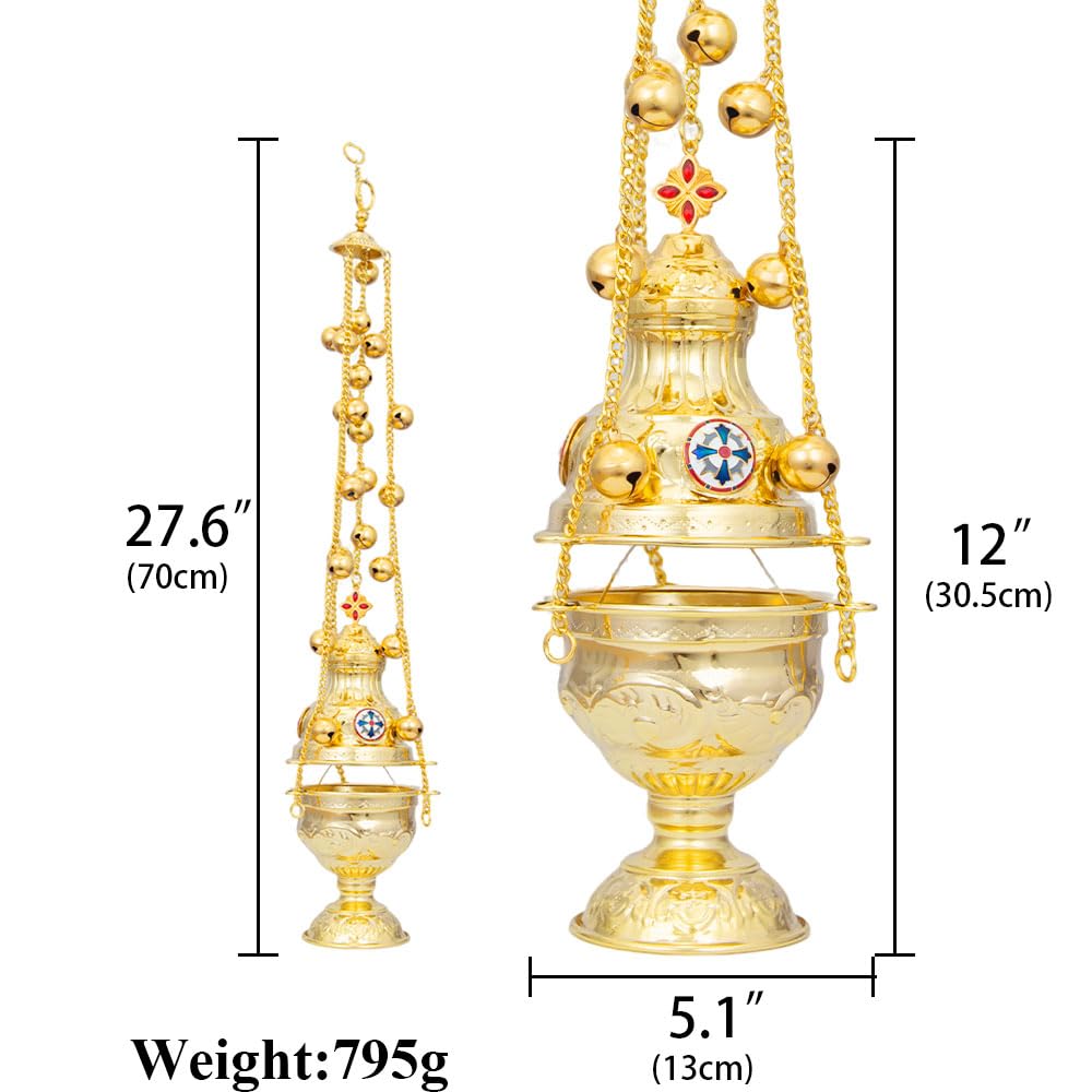Bruciatore di incenso ortodosso in lega di zinco elettrolitico – Ornamento decorativo da appendere per cerimonia in chiesa con campane e simboli religiosi (croce)
