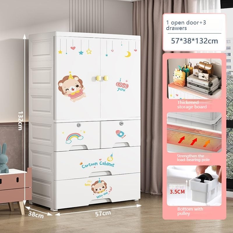 Image of Portable Collapsible Wardrobe for Kids Plastic Storage - Cloth Organizer Cupboard /Multipurpose Storage /Closet for Bedroom /Living Room /Easy to Assemble Room & Home (White Lion)