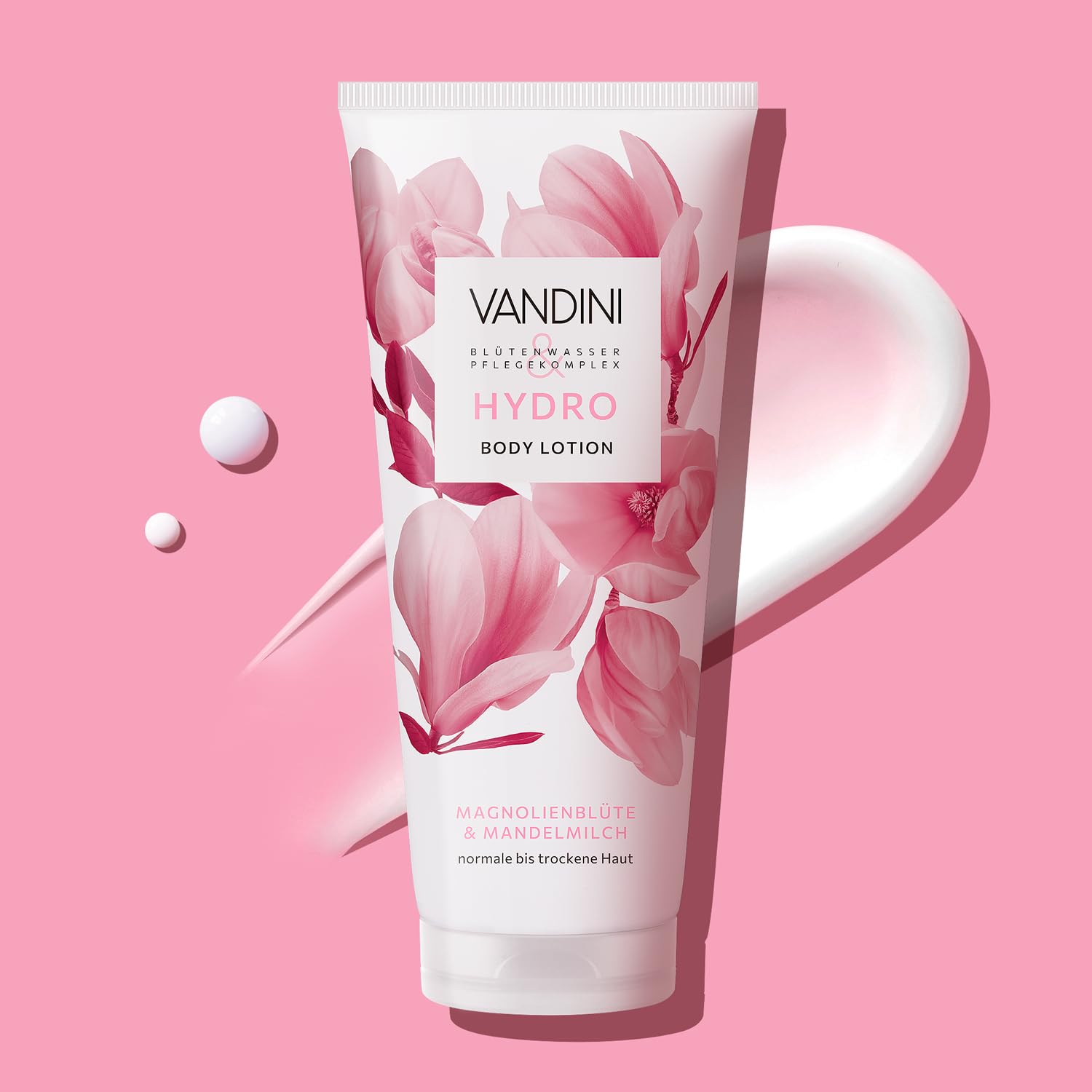 VANDINI 6 x HYDRO balsam do ciała damski, 200 ml, z kwiatem magnolii i mlekiem migdałowym – pielęgnujący balsam do ciała do skóry normalnej i suchej – wegański, bez parabenów i silikonów, Made in
