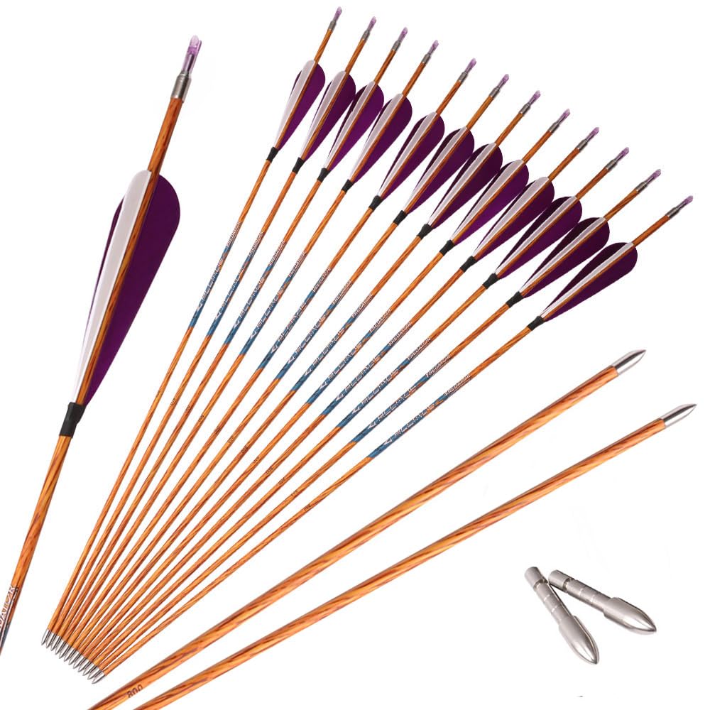PHILOCS 12pcs Purple White Feather Hunting Arrows Spine 500 600 700 900 1000 Wood Like Carbon Shaft Arrow ID 4.2 mm for Hunting Practice Archery (30inch,Spine 500)