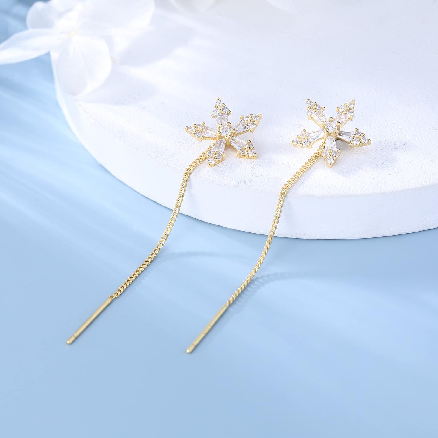 SLUYNZ 925 Sterling Silver CZ Flower Dangle Earrings Chain for Women Snowflake Flower Dangling Earrings Threader Tassel