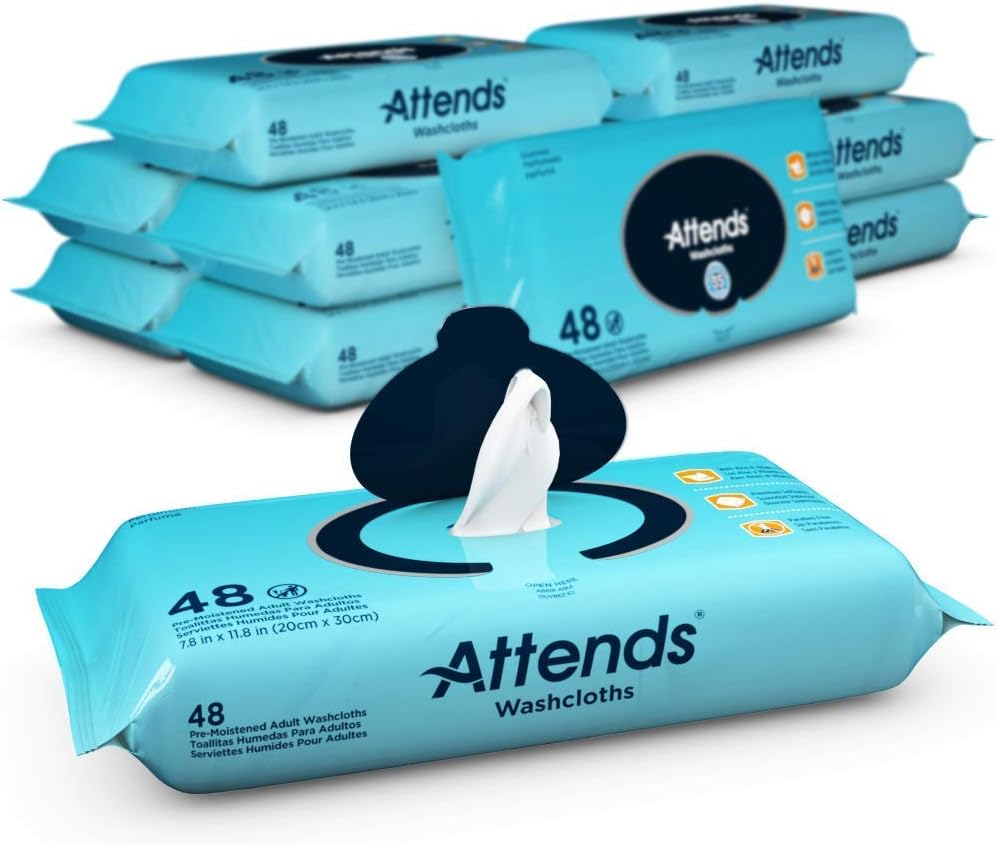Attends Washcloths No-Rinse Disposable Cleansing Wipes for Incontinence, 7.8"x11.8", Hypoallergenic Alcohol-Free with Aloe, Scented, 576ct Case
