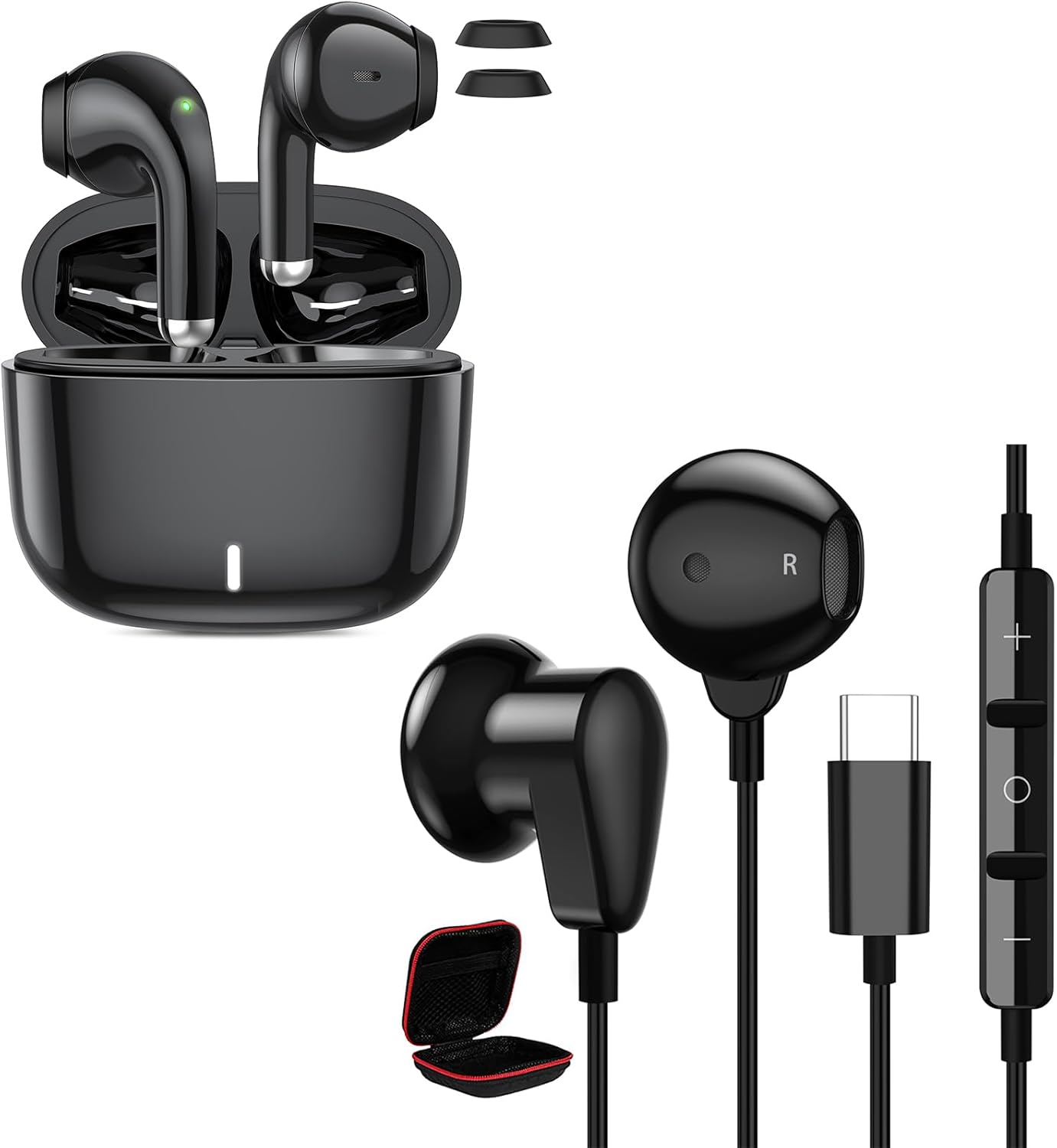 ACAGET Wireless Earbuds + Wired UBS C Semi in Ear Headphones, Noise Canceling Bluetooth Earbuds HiFi Stereo Android Earphones with Microphone for iPhone 15 Pro Max Samsung Galaxy S24 S23 S22 Ultra