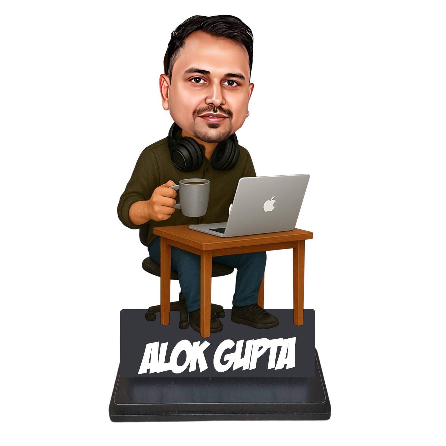 Taxton Personalized Laptop & Coffee Mug Caricature | Work from Home Table for Male | Double Wood Stand | 7-13 Inch Size | Custom White Acrylic Name Plate. (Design 3, 7 INCH)-image-37