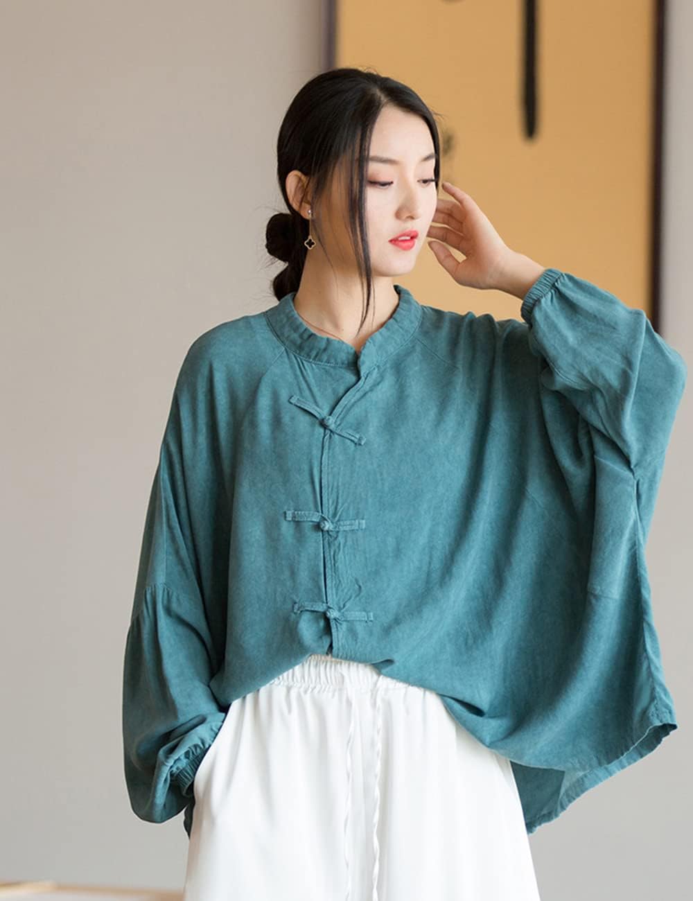 NFYM Women's Retro Button Down Shirts Open Front Long Sleeve Chinese Style Loose Fit Tang Suit Blouse Tops