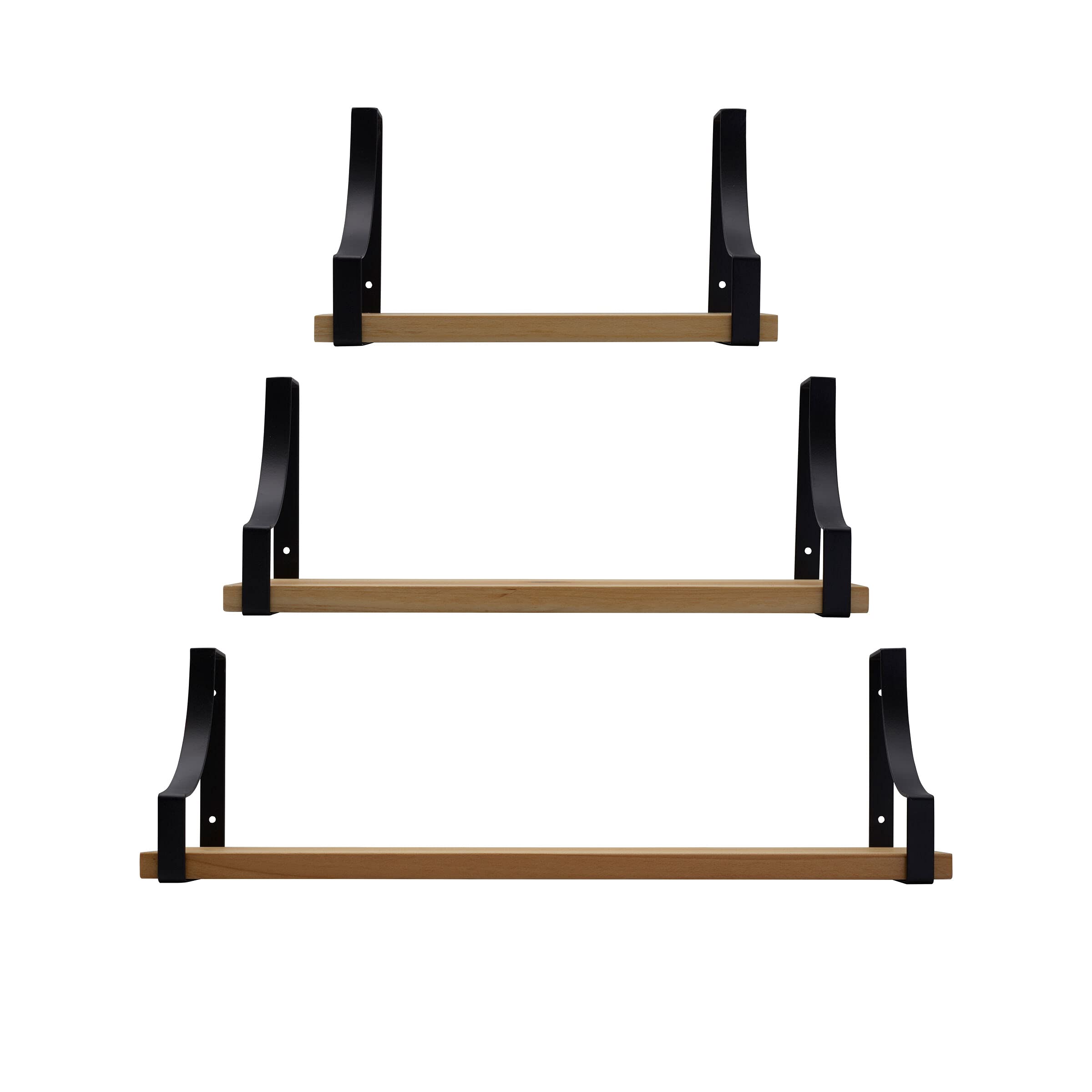 MELANNCO Floating Wall, Wood and Curve Metal Shelves, for Bedroom, Living Room, Kitchen, Nursery, Set of 3, Natural