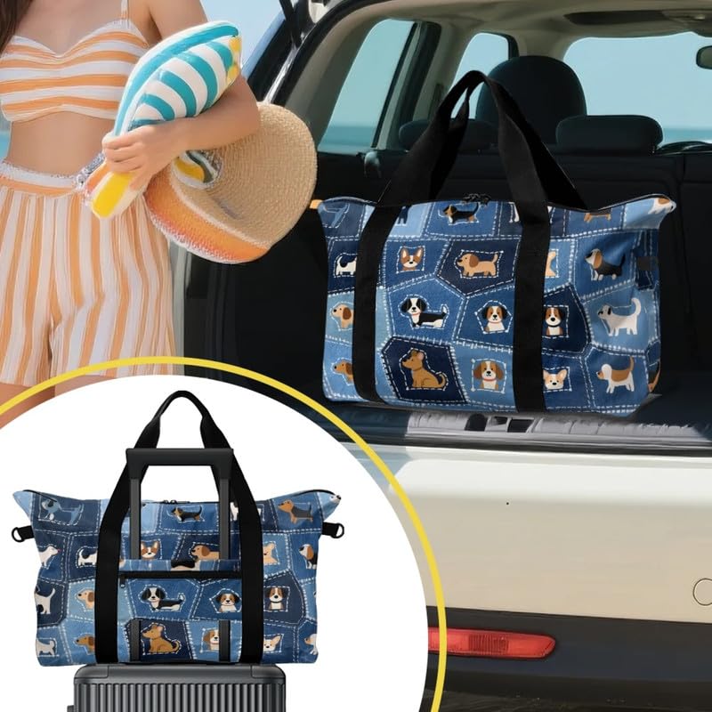 Denim Patchwork Art Foldable Travel Duffel Tote Bag, Cartoon Puppy Dogs Weekender Bag Carry On Tote Bags for Women, Large 30L4