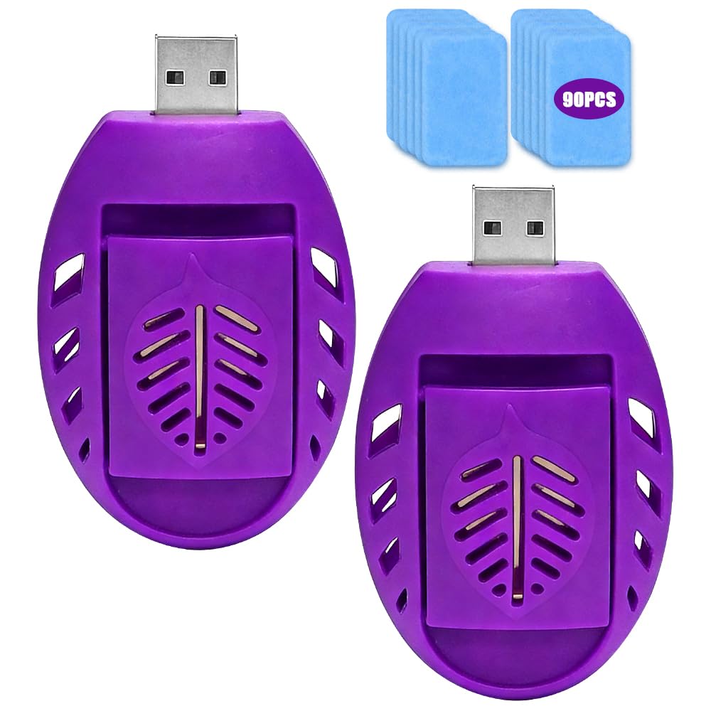 2PCS USB Mosquito Repellent Plug In Mosquito Killer, Portable USB Mosquito Killer with 90 Repellent Tablets, Indoor Insect repellent Plug In for Hiking Outdoor Summer Home in travel, Purple