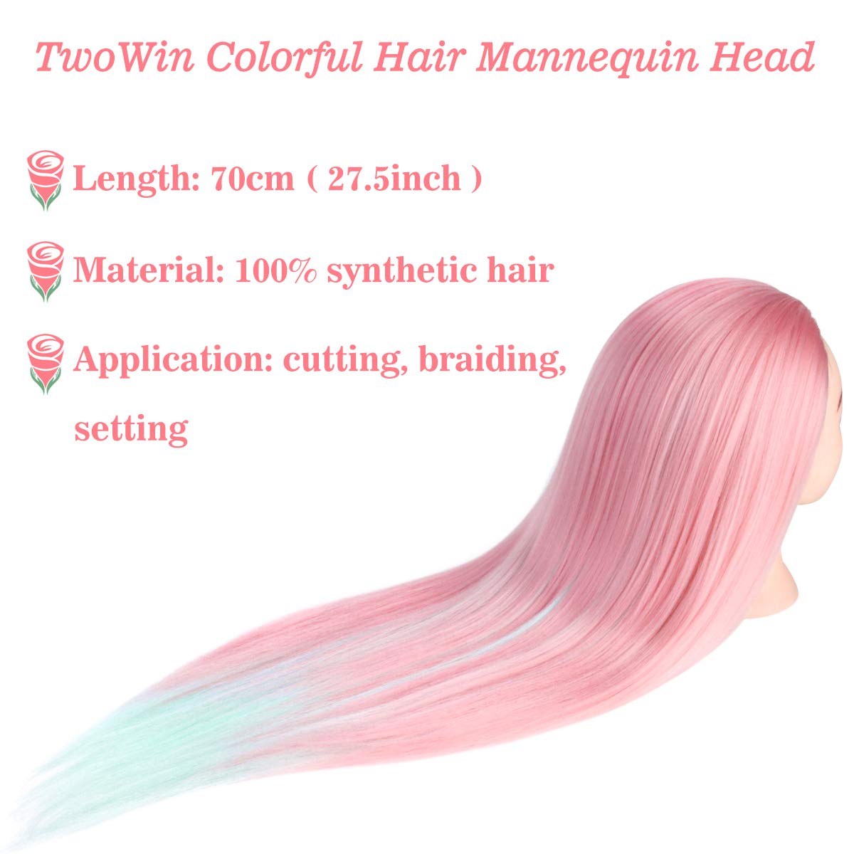 TwoWin Testina Parrucchiere con Capelli Sintetici - 28 Pollici /71 cm Manichino per Formazione Acconciature con Morsetto e Kit Extension (Rosa/Verde) - 3
