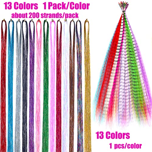 13 Colors Hair Tinsel With Tools Kit 43 Inch 2600 Strands Tinsel Hair Extensions Sparkling Shiny Hair Pieces For Christmas Cosplay Party Halloween With 13Pcs Synthetic Feather Hair 100 Pcs Hair Beads 1 Pliers 2 Crochet Hooks 1 Comb (43 Inch, 13 Hair Tinsel+13 Feather Hair+Tools) #TOP2