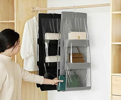 Amazon Co Jp Hongmeru バッグ 収納 吊り下げ 6個ポケット 両面収納 取り付け簡単 バッグハンガー クローゼット 収納 吊り下げ 防湿 防塵 バッグ収納ラック 吊り下げ収納 水洗い可能 カバン 収納 クローゼット収納 3段式 グレー ホーム キッチン