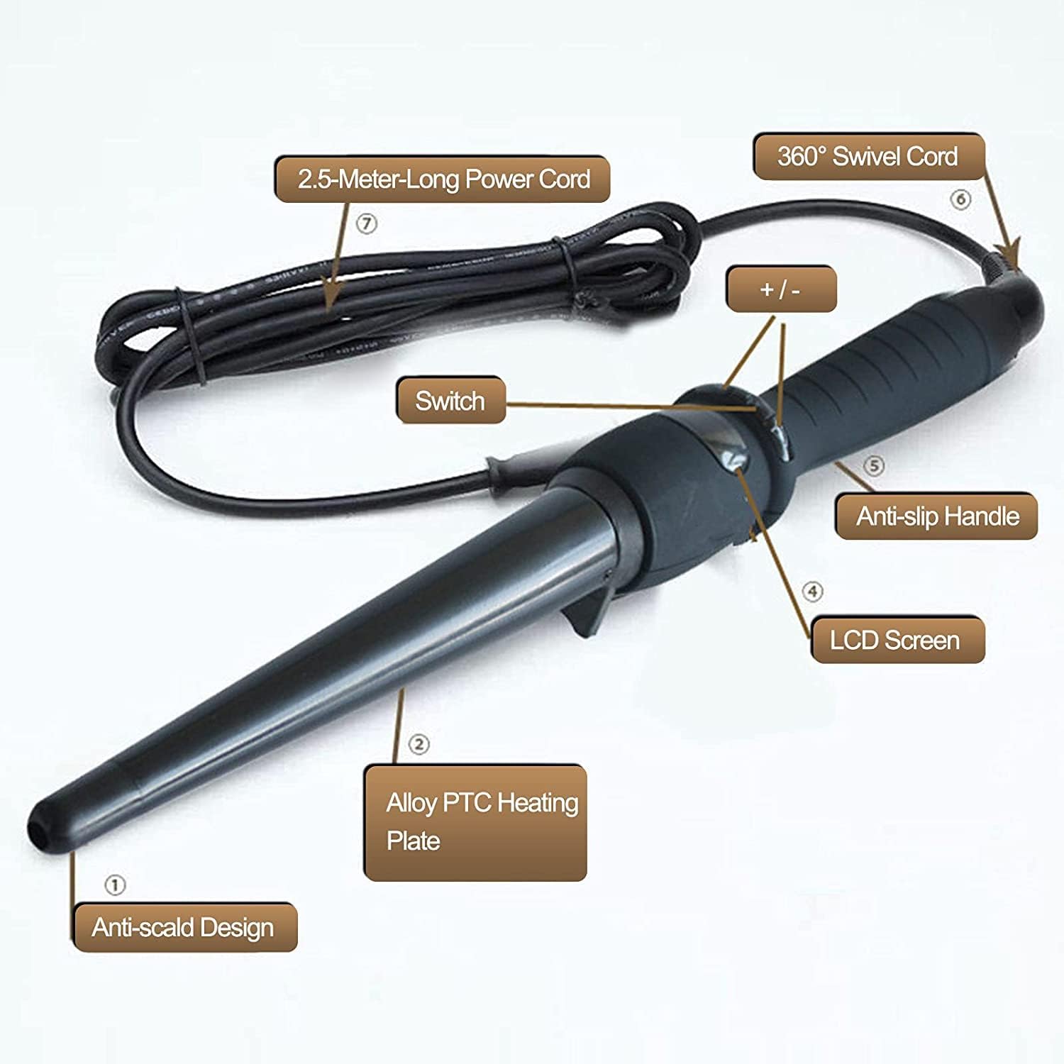 Curling Wand Ceramic ed Curling Iron with LCD Screen & Anti-Slip Gripping Handle Hair Styling Wand Curler for Daily & Travel