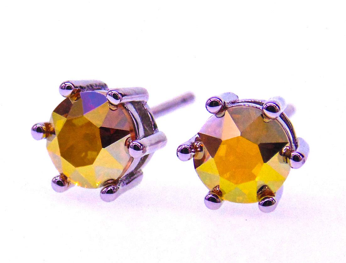 Sunnyshopday038 6mm White Gold Plated 925 Sterling Silver Plt,Golden,Imported Created Iridescent Multi-Coloured AB Crystal Stone,Earring Stud with Gift Box,Men Women