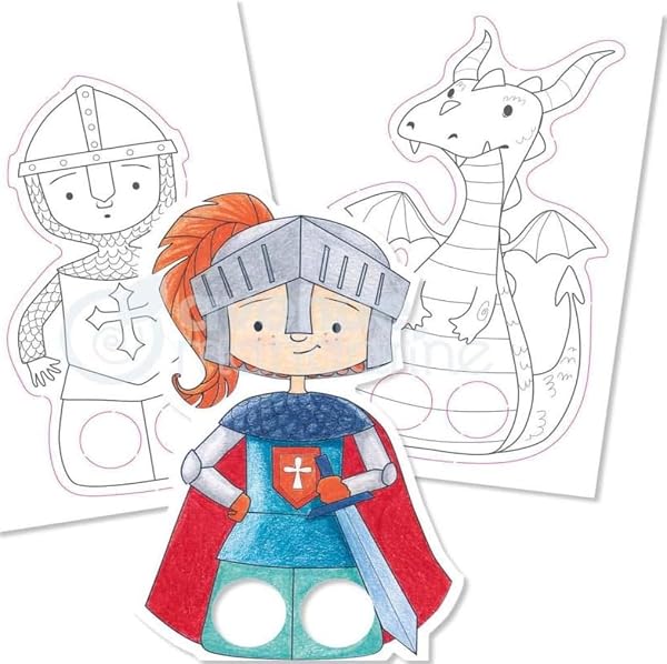 MY MANDARINE GY009O - Un carnet de coloriage Graffy Puppet - 24 marionnettes à doigts pré-découpées 12x12 cm - À partir de 5 ans - DRAGONS ET CHEVALIERS - 2