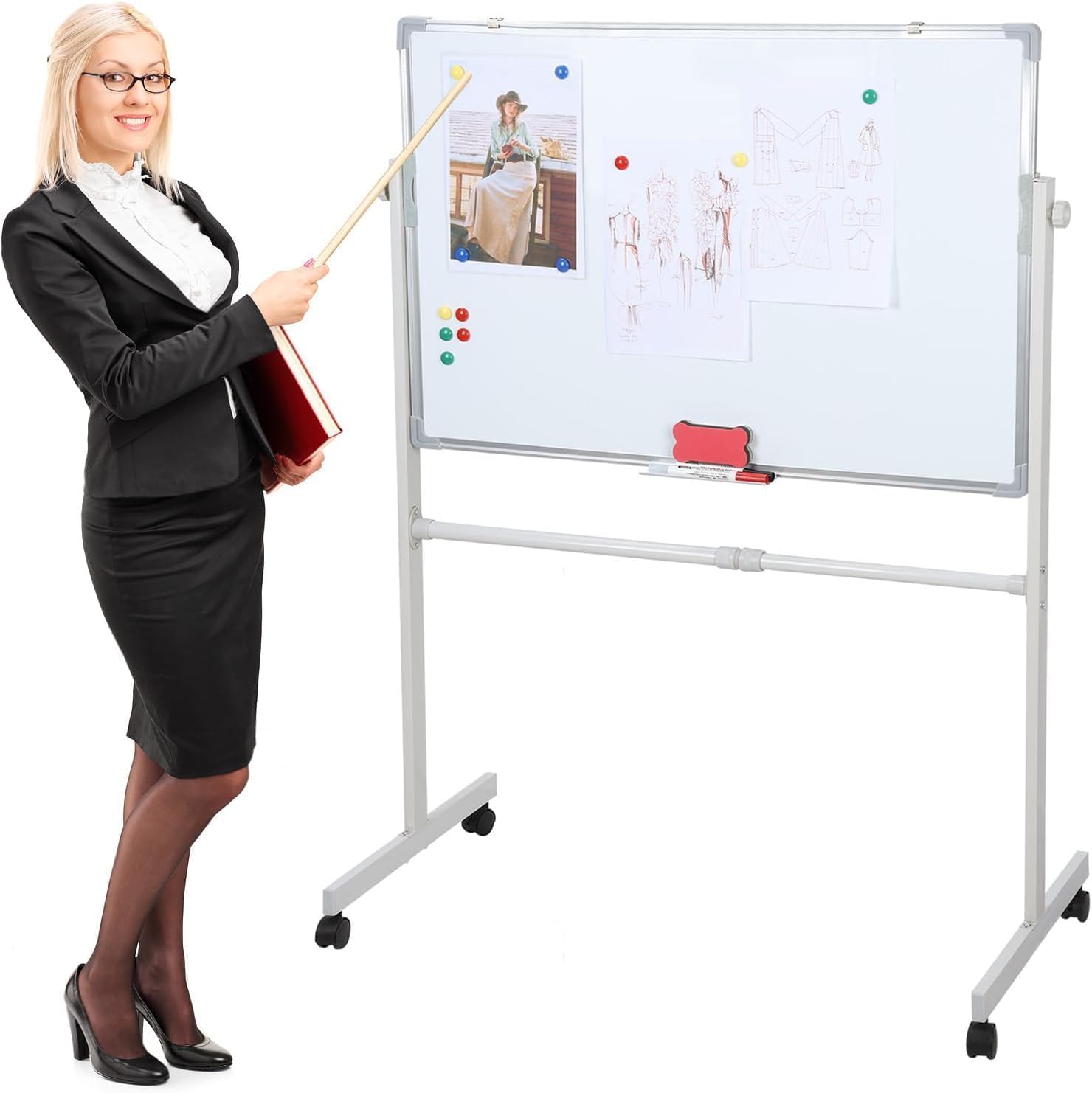 Rolling Whiteboard with Stand, 90x60cm Standing Whiteboard on Wheels, Adjustable Height&Angle, Portable Whiteboard for Office, Classroom, Home - Includes 5 Markers, 12 Magnets & Eraser​