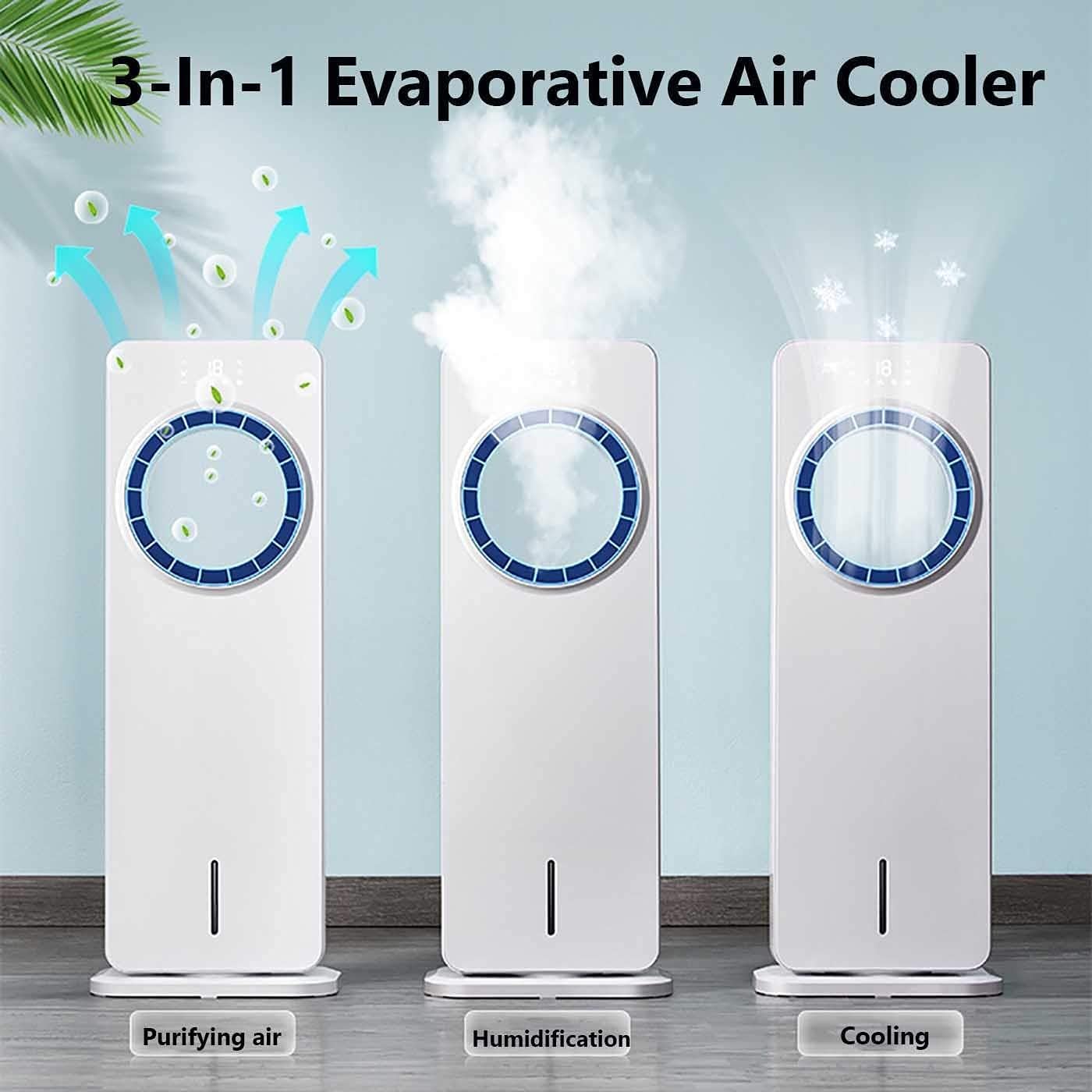 3 in 1 Evaporative Air Cooler Bladeless Tower Fan Humidifier 45° Oscillation 12 Hour Timer Large Water Tank Swamp Cooler for Home Office