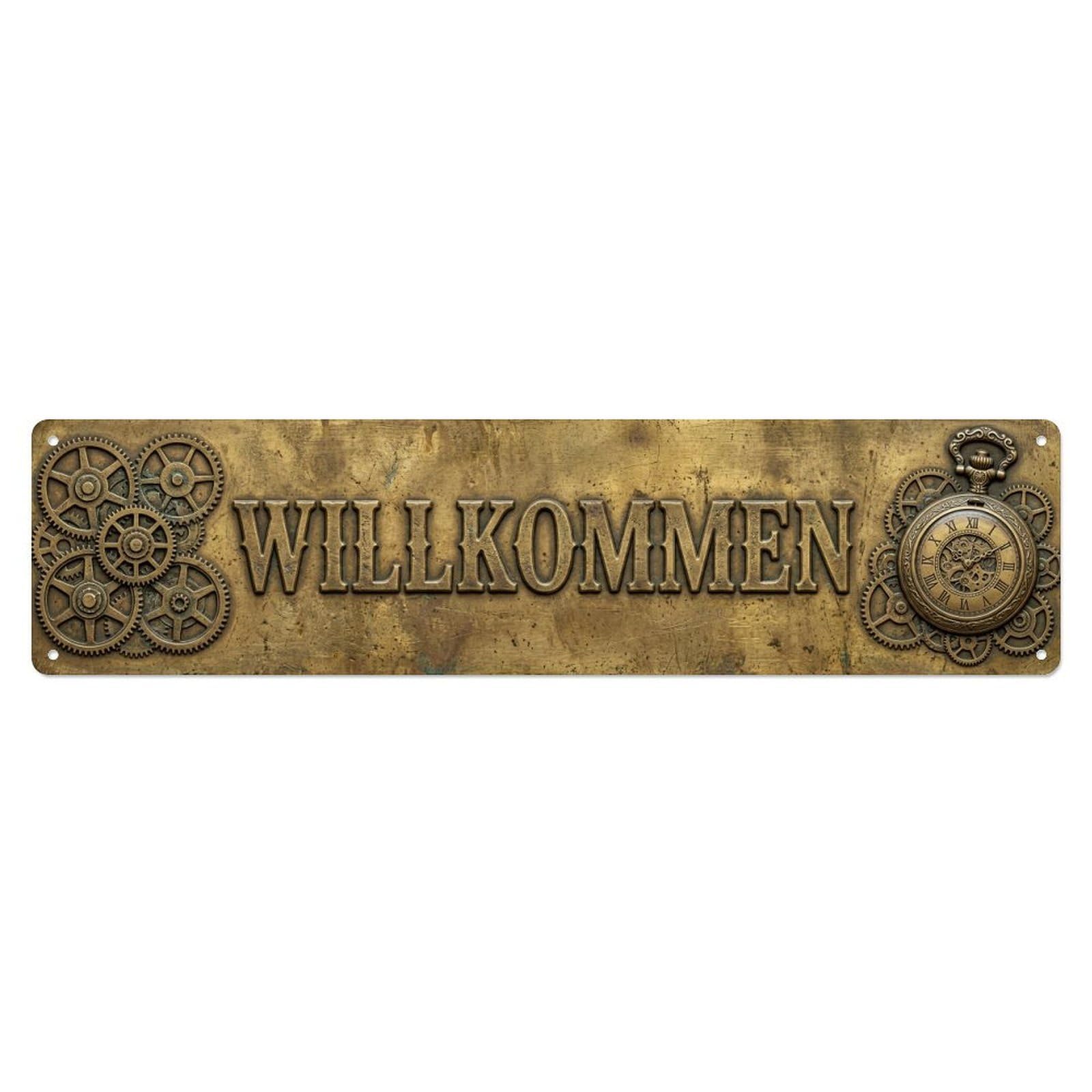 Weathered Brass Vintage Clockmaker Welcome Metal Tin Sign