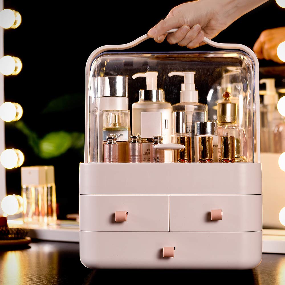 RMANMakeup Organiser Storage with 3 Drawers and Carry Handle for Cosmetics, Perfumes, Skincare, Dressing Table Organiser for Dresser, Bathroom, Bedroom, Waterproof and Dustproof - Pink