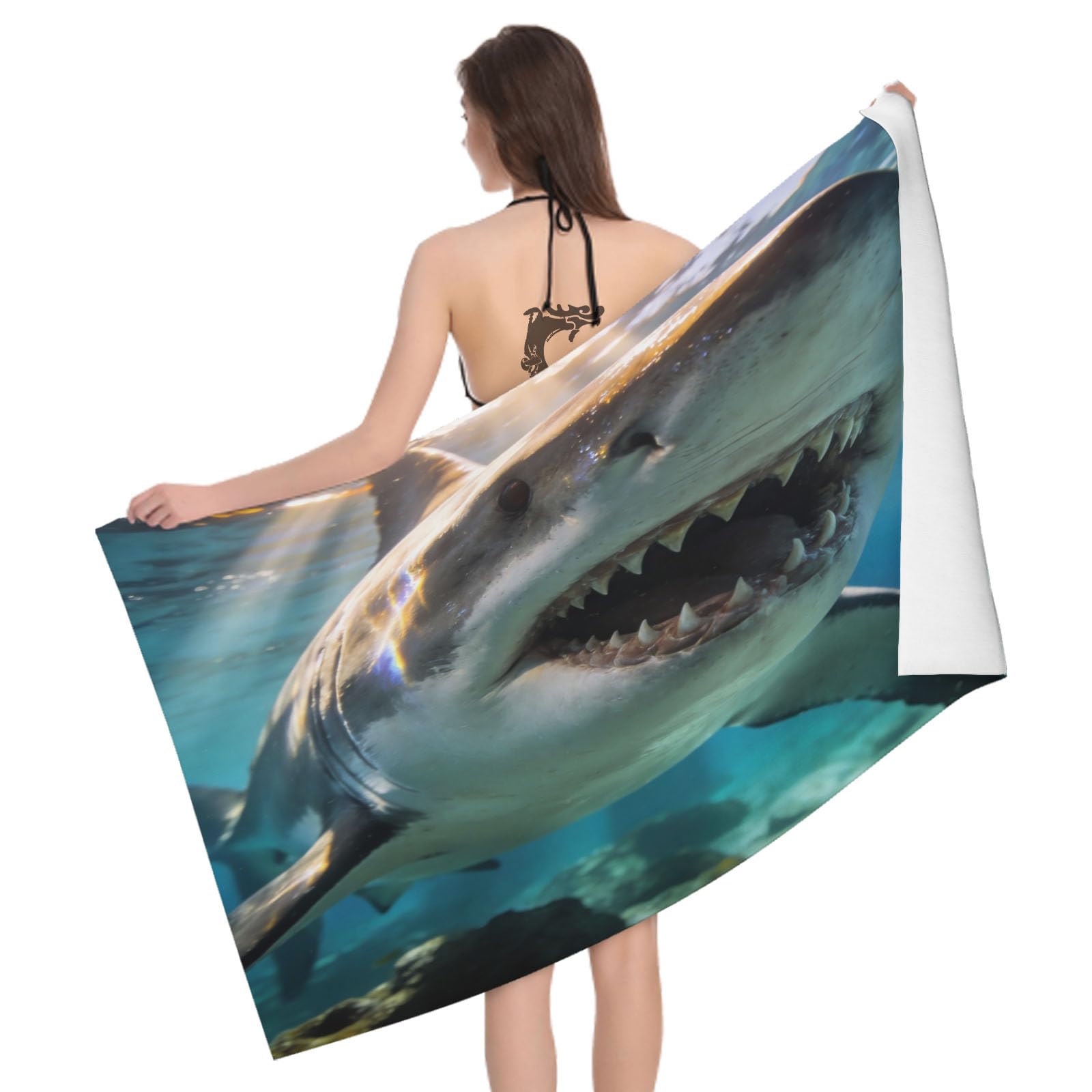 Leichong 3D Shark Illustration Beach Towel Microfiber Soft Quick Dry for Adults, Ocean Life Bath Towel Lightweight Soft Absorbent for Travel Swimming Pool Sports, 75 x 150 cm