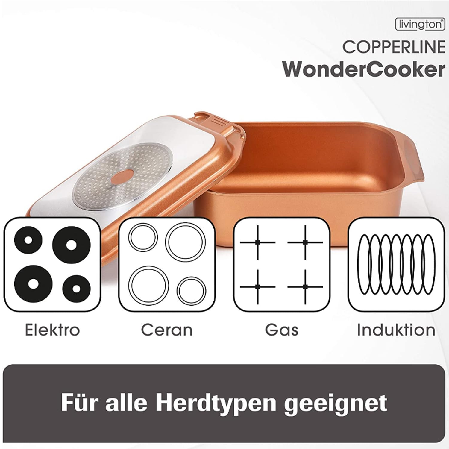 Livington Copperline WonderCooker - multifunktionaler Kochtopf – großer Topf, Bräter, Dampfgarer, Heißluftfritteuse - alle Herdarten, Backofen & Grill
