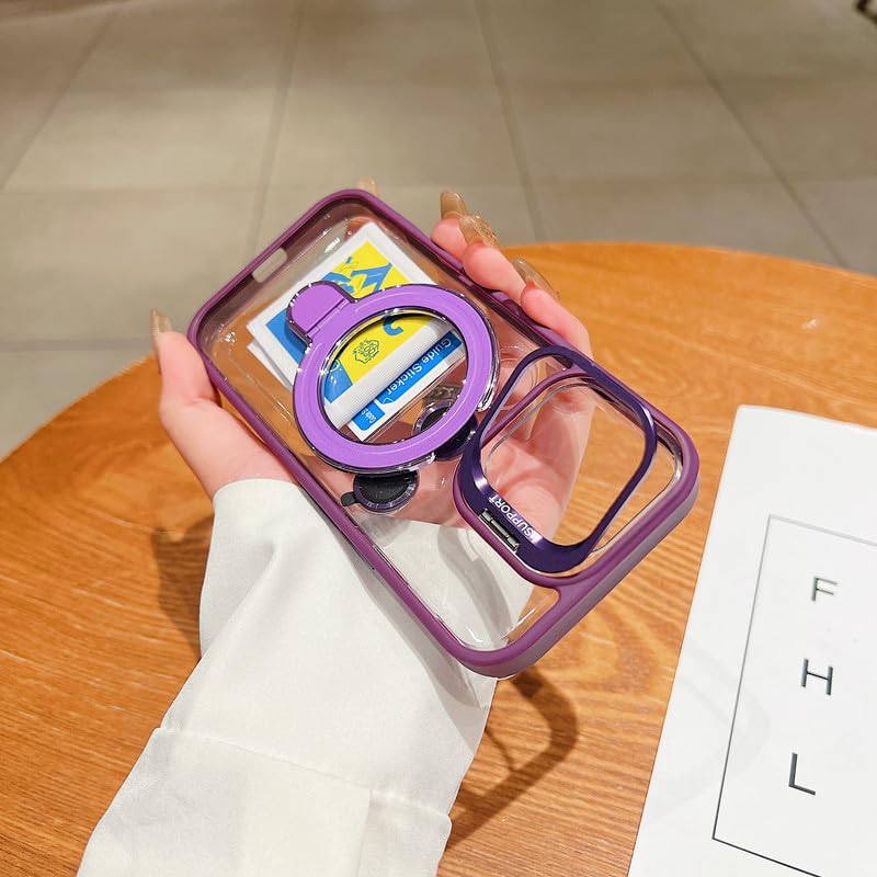 Image of LuxuryKase Magnetic Clear Case for iPhone 17 | Metal Ring Stand | Camera Lens Protector Rings | Shockproof Hard PC Back | MagSafe Compatible | TPU Bumper - Purple